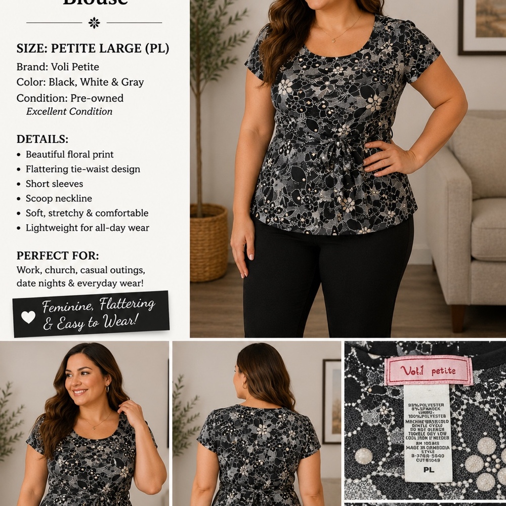 Voli Petite Black & White Floral Tie-Waist Blouse | Petite Large (PL)